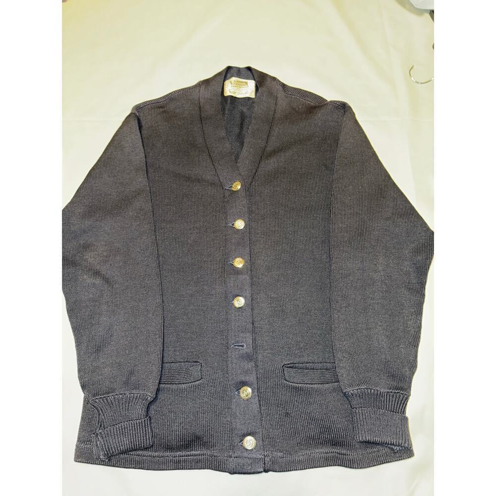Vtg Coleman Knitting Mills 100% Worsted Wool Cardigan Navy V-Neck Womens sweater